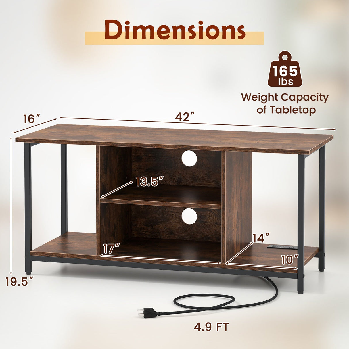 Mueble de TV con centro de entretenimiento, estantes abiertos y tomas de corriente para televisores de hasta 50 pulgadas - Marrón rústico