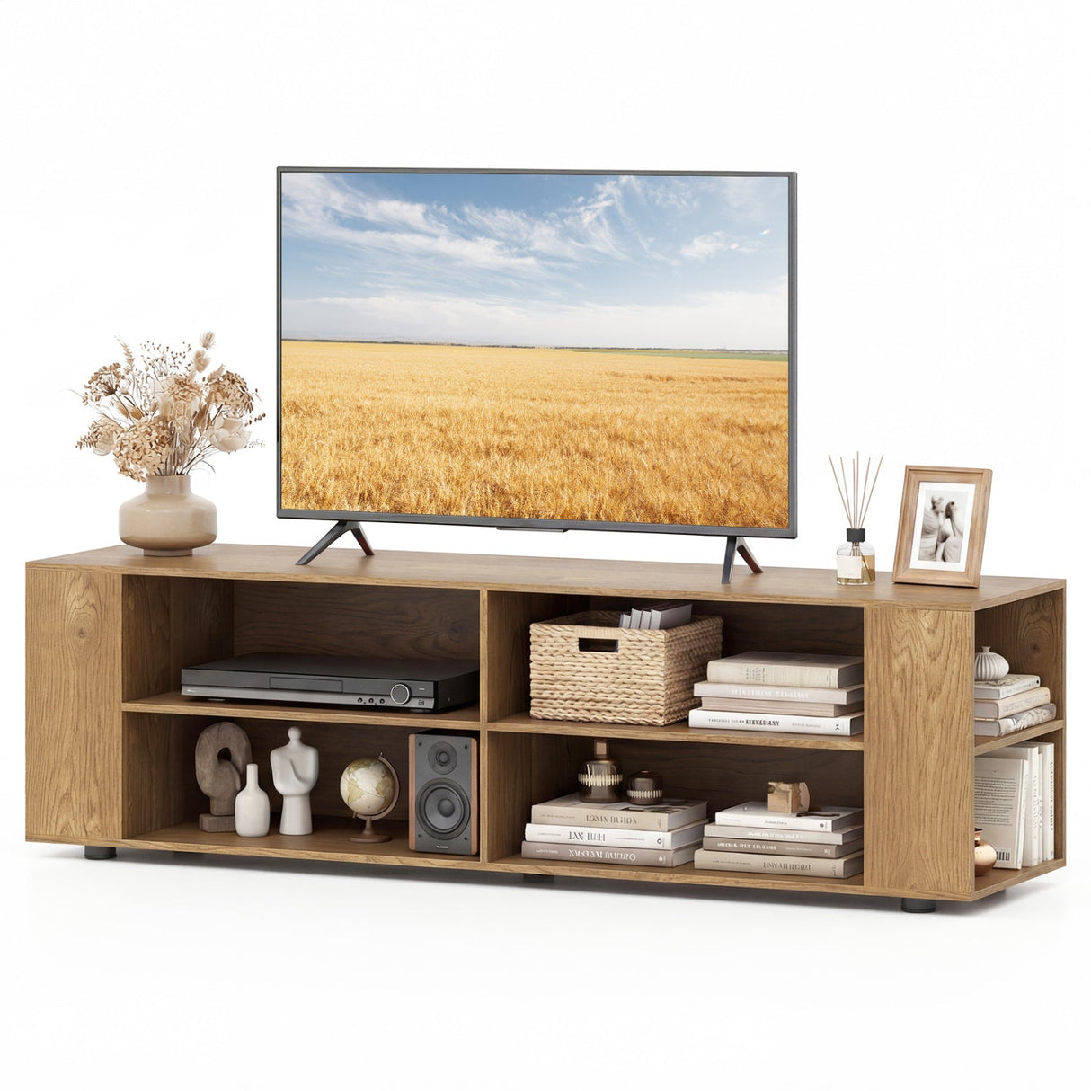 Mueble de TV de madera para almacenamiento de consolas y equipos multimedia de 59 pulgadas - Nogal