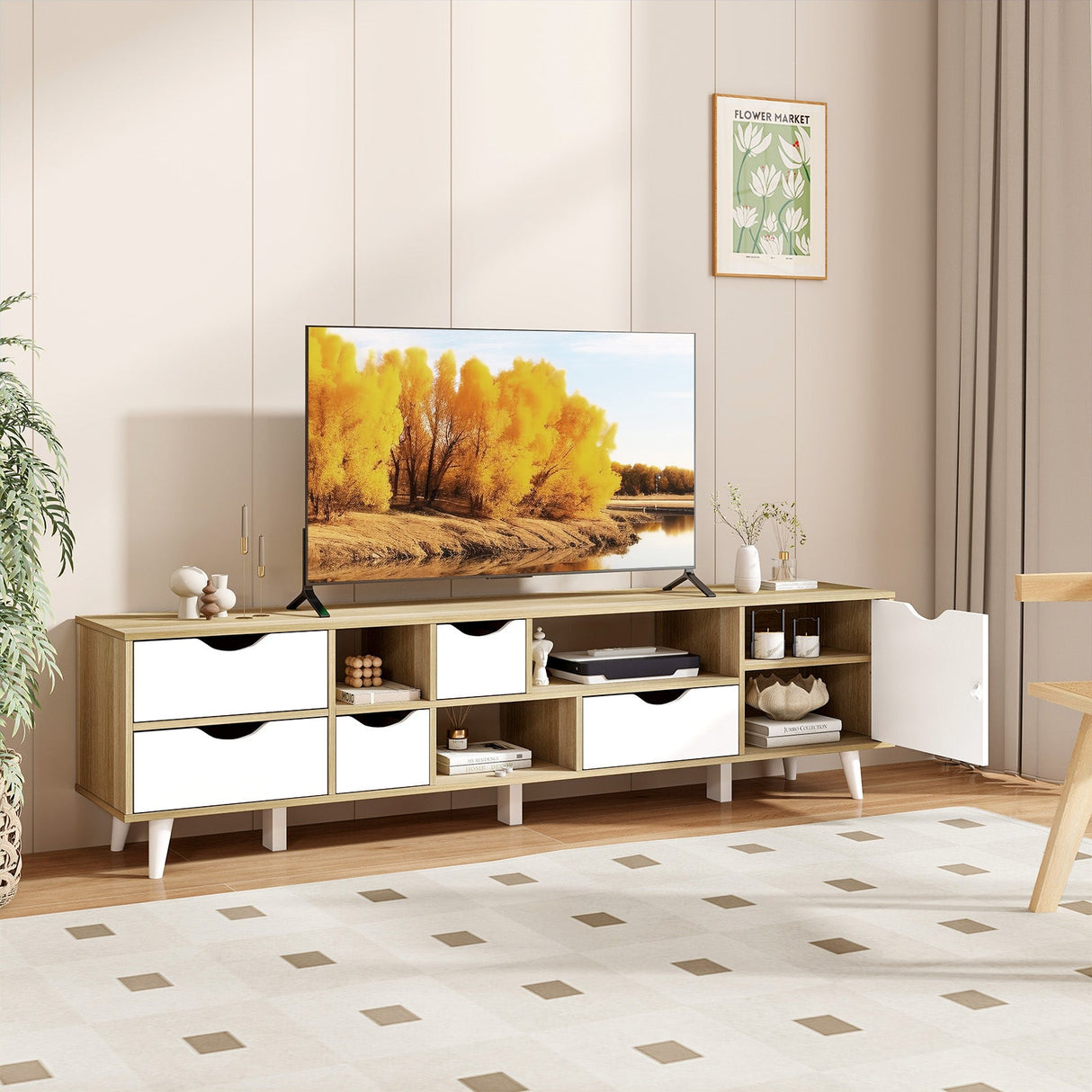 TV Stand for TVs up to 65” Television Cabinet w/ 5 Drawers & 3 Open Shelves-Oak