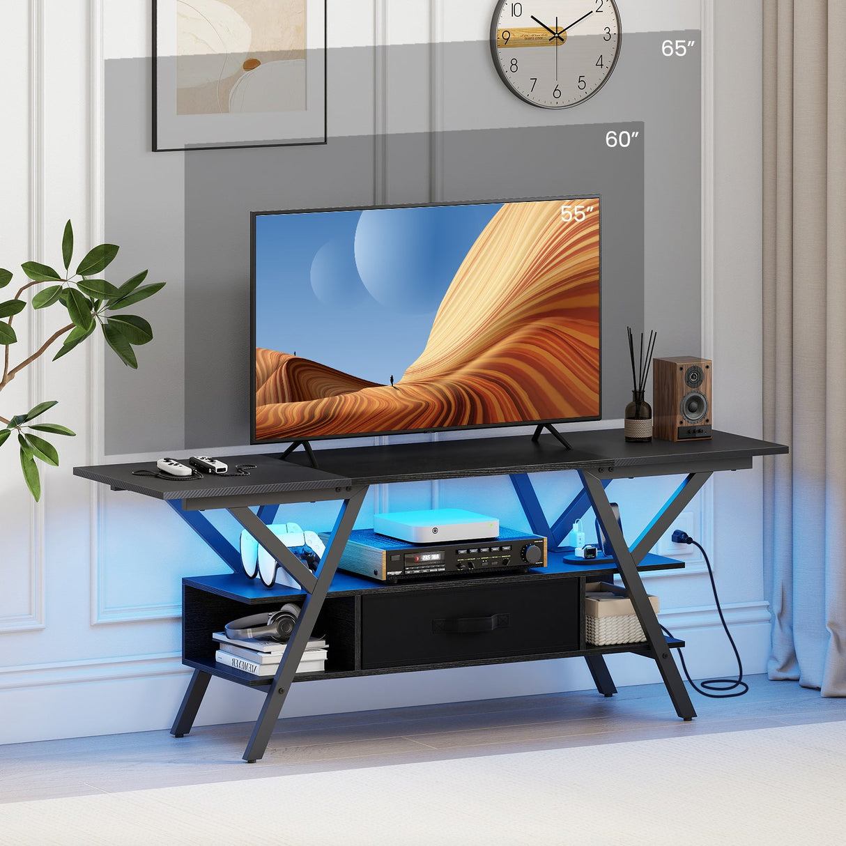 Mueble de TV para televisores de 65 pulgadas con enchufes y luces LED
