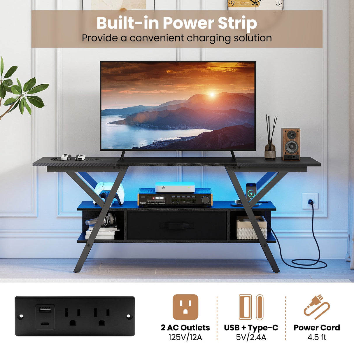 Mueble de TV para televisores de 65 pulgadas con enchufes y luces LED