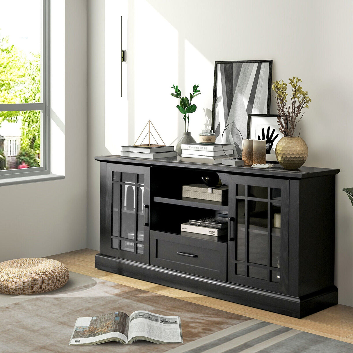 Mueble de TV para televisores de hasta 70 pulgadas con puertas de vidrio, compartimentos y cajón