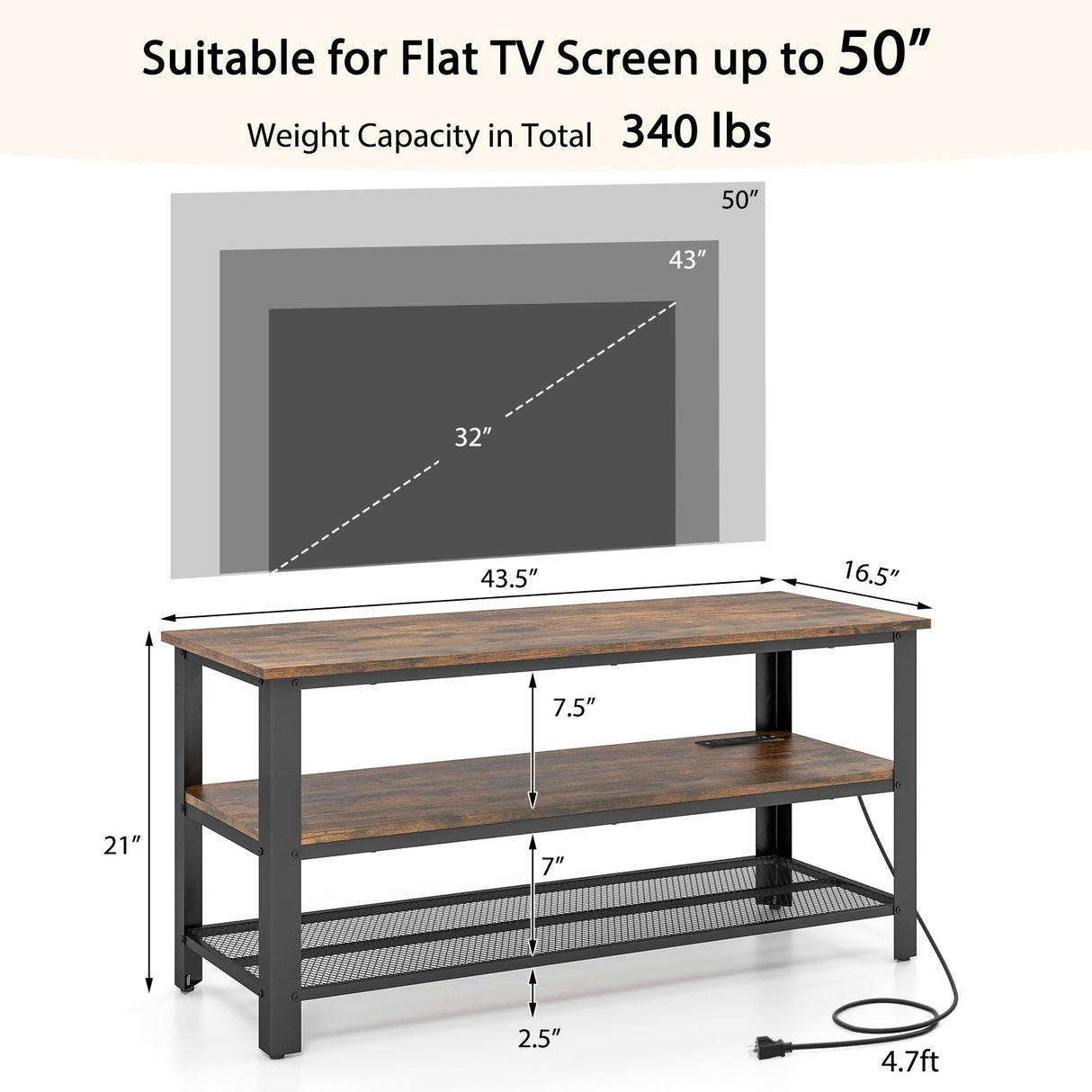 Mueble de TV industrial de hasta 50 pulgadas con tomas de corriente y puertos USB-Marrón rústico