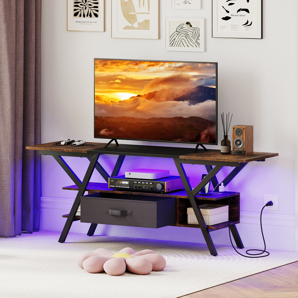 Mueble de TV para televisores de 65 pulgadas con enchufes y luces LED