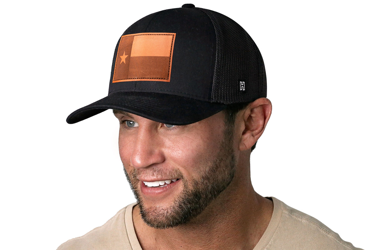 Texas Flag Trucker Hat Leather | Black Texas Flag Snapback
