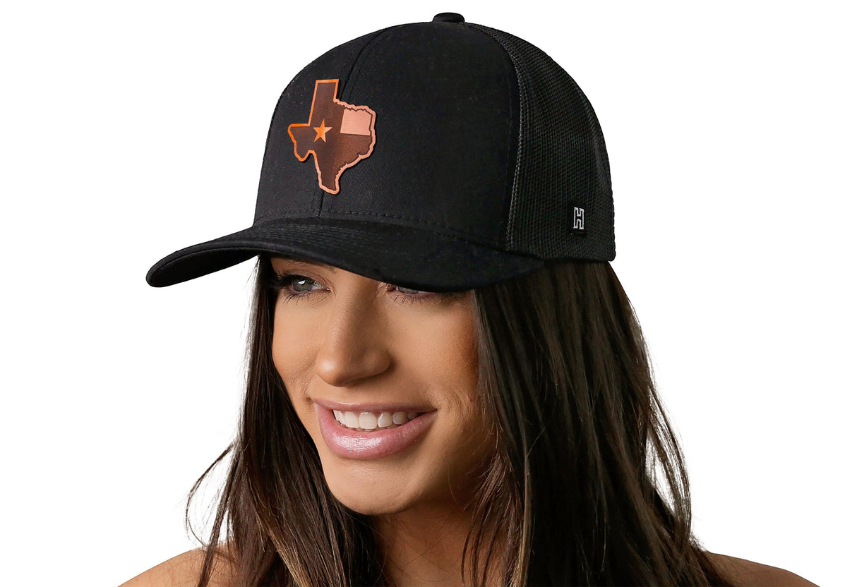 Texas Flag Trucker Hat Leather | Black Texas Flag Cut to Shape Snapback
