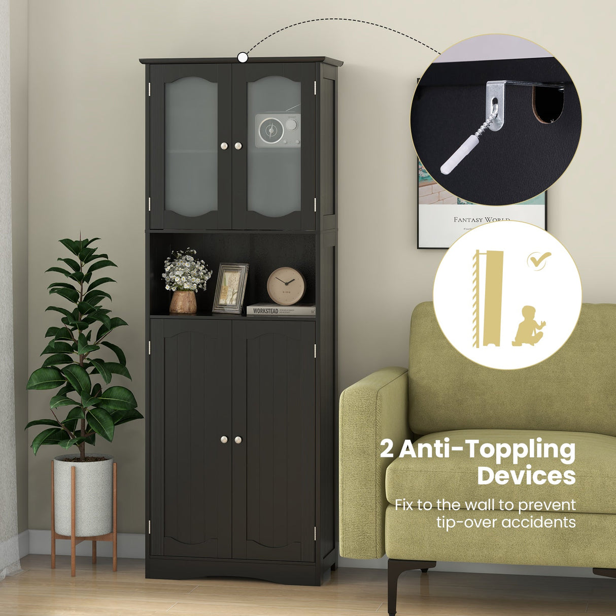 Mueble de almacenamiento para baño de 164 cm de altura con puertas de vidrio esmerilado y estantes