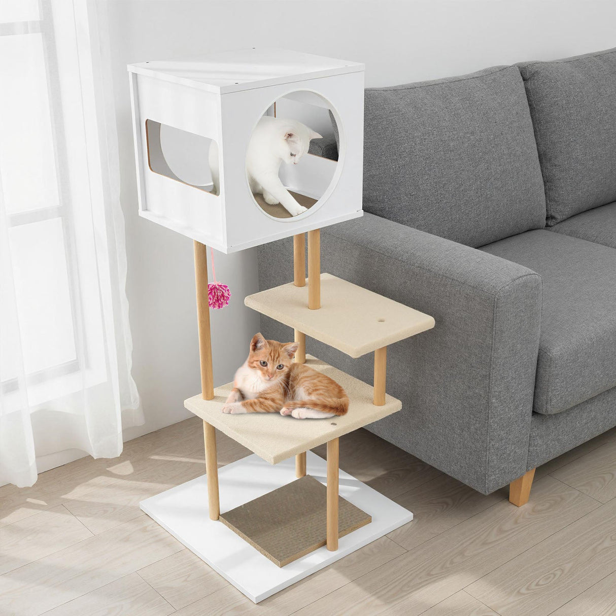 Rascador alto de madera para gatos con 2 tablas de cartón corrugado - Blanco