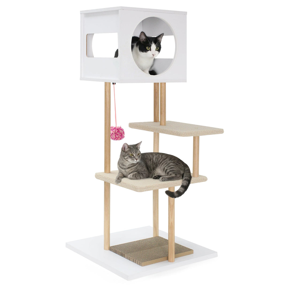 Rascador alto de madera para gatos con 2 tablas de cartón corrugado - Blanco