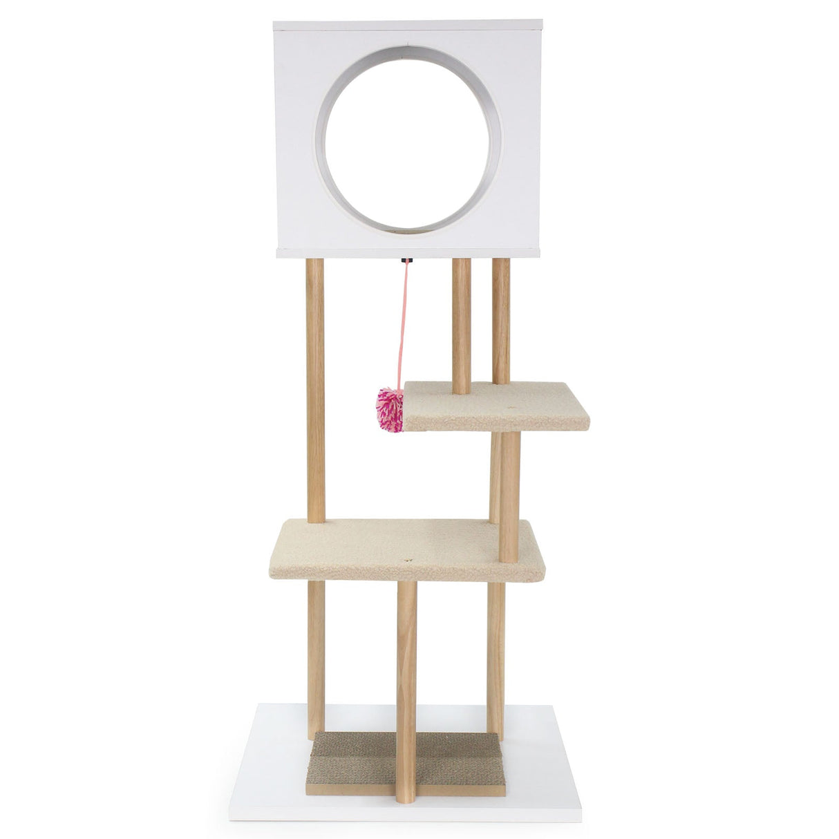 Rascador alto de madera para gatos con 2 tablas de cartón corrugado - Blanco