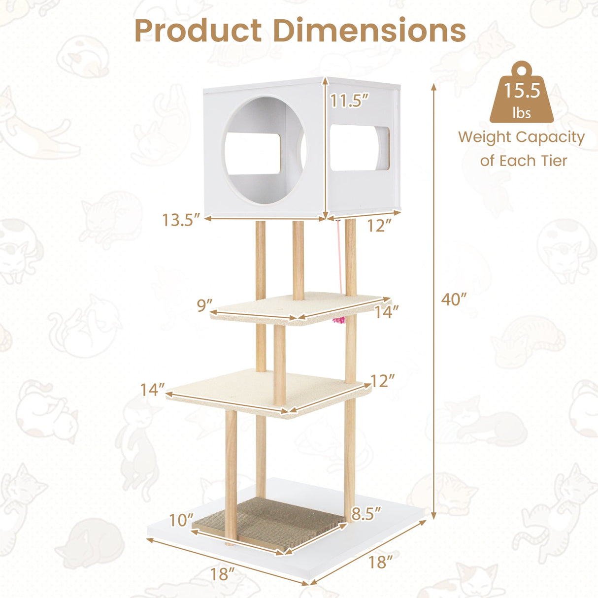 Rascador alto de madera para gatos con 2 tablas de cartón corrugado - Blanco