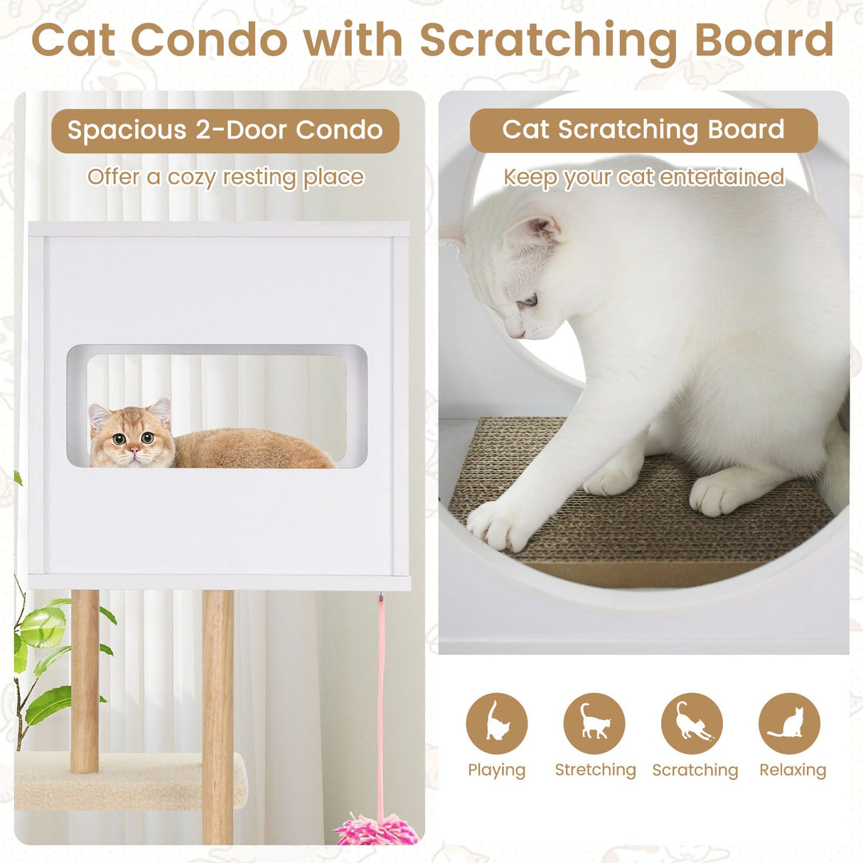 Rascador alto de madera para gatos con 2 tablas de cartón corrugado - Blanco