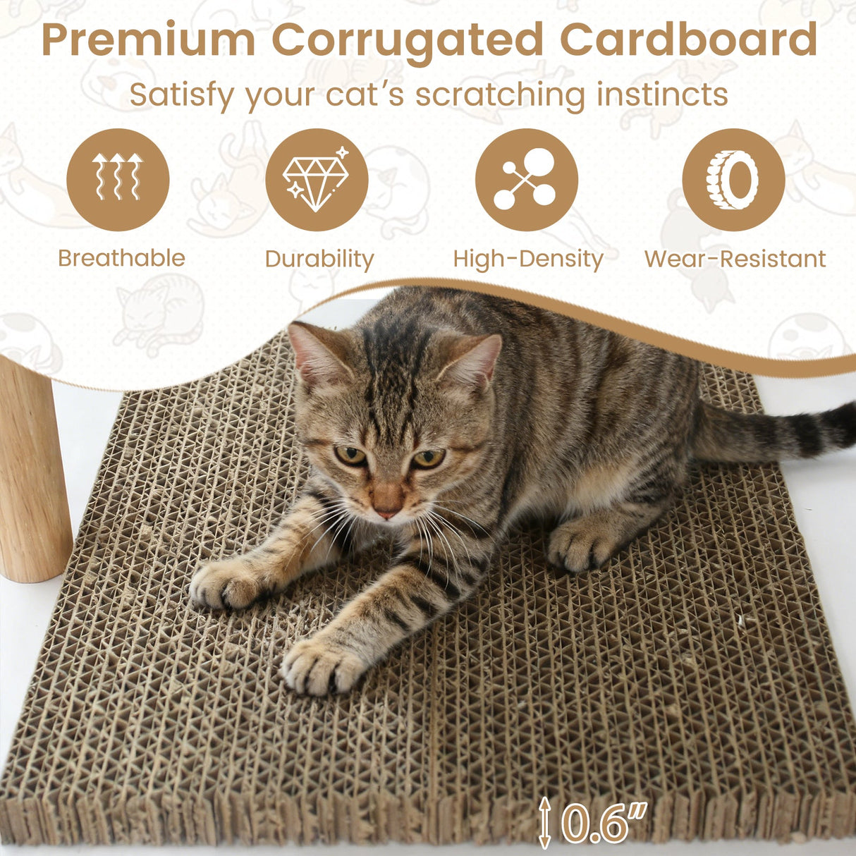 Rascador alto de madera para gatos con 2 tablas de cartón corrugado - Blanco