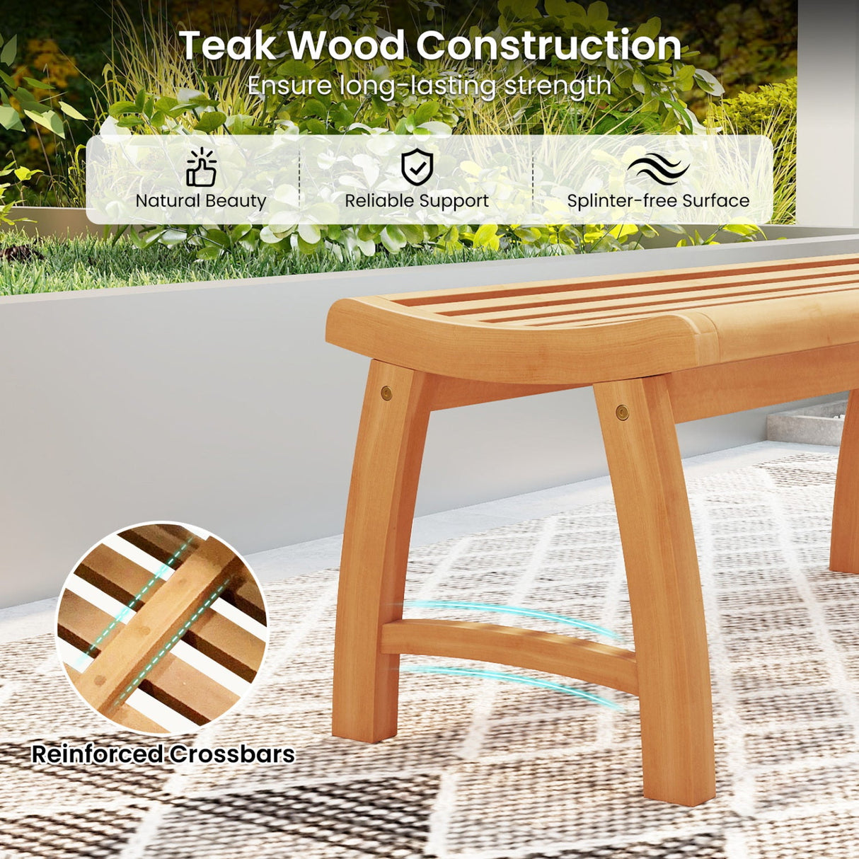 Banco de exterior de madera de teca sin respaldo con asiento contorneado de listones