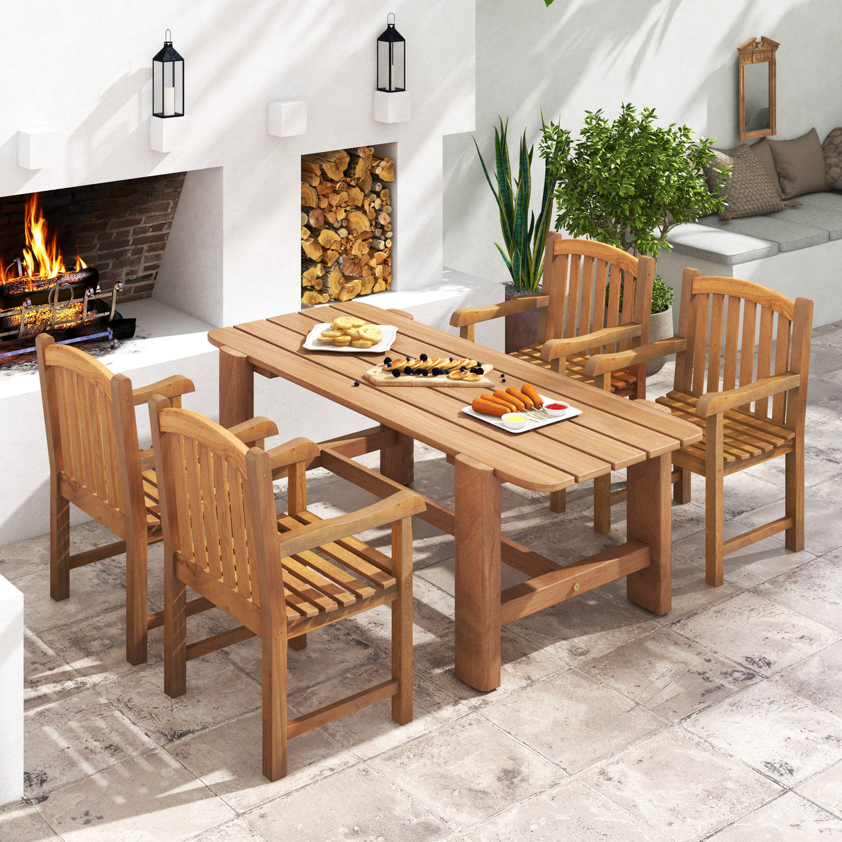 Silla de Comedor de Madera de Teca para Patio con Respaldo de Listones y Patas Sólidas