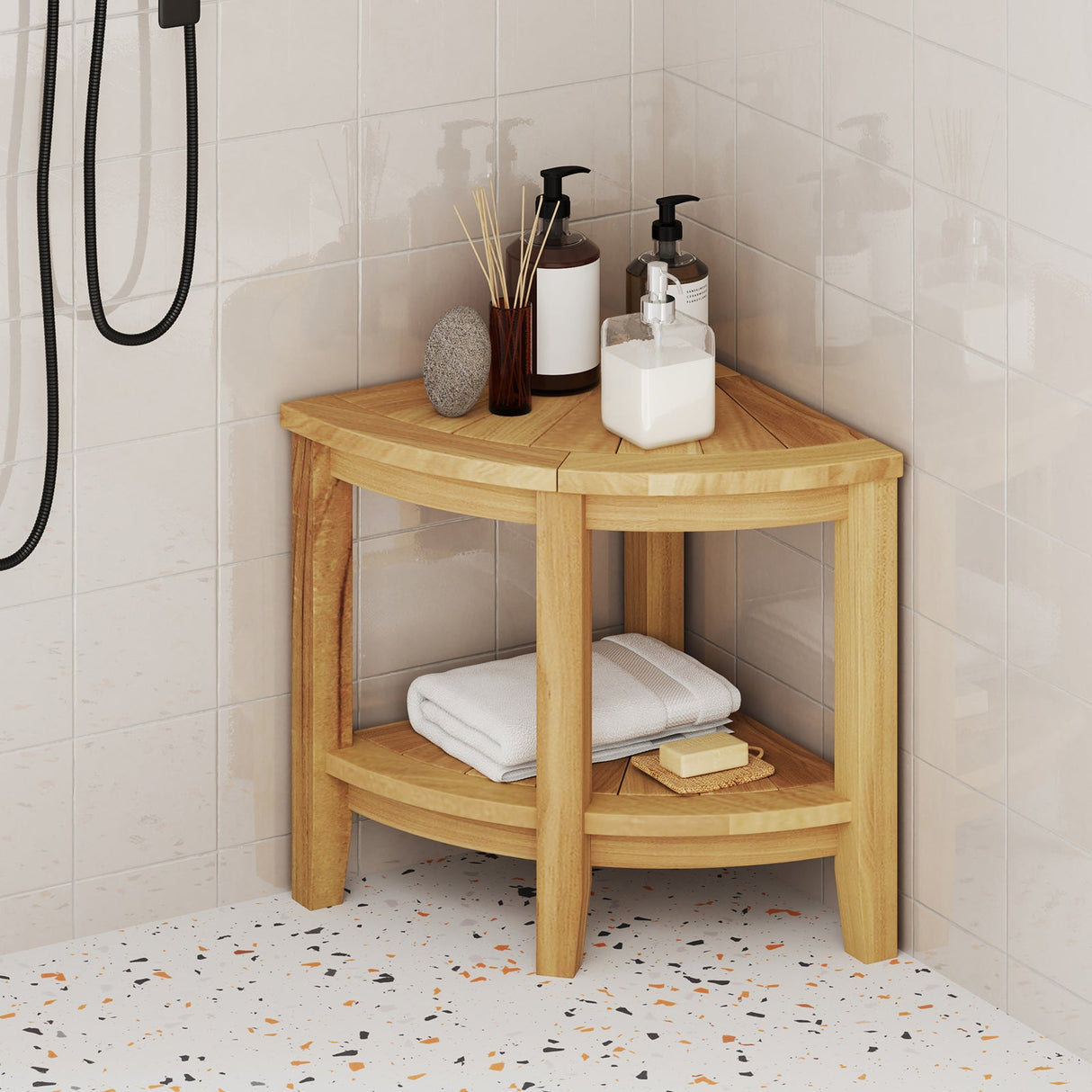 Banco de teca para ducha con estante de almacenamiento para sentarse dentro de la ducha
