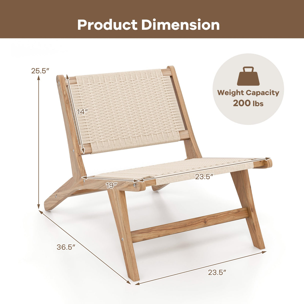 Teak Wooden Chair with Braided Rope Seat and Backrest for Backyard