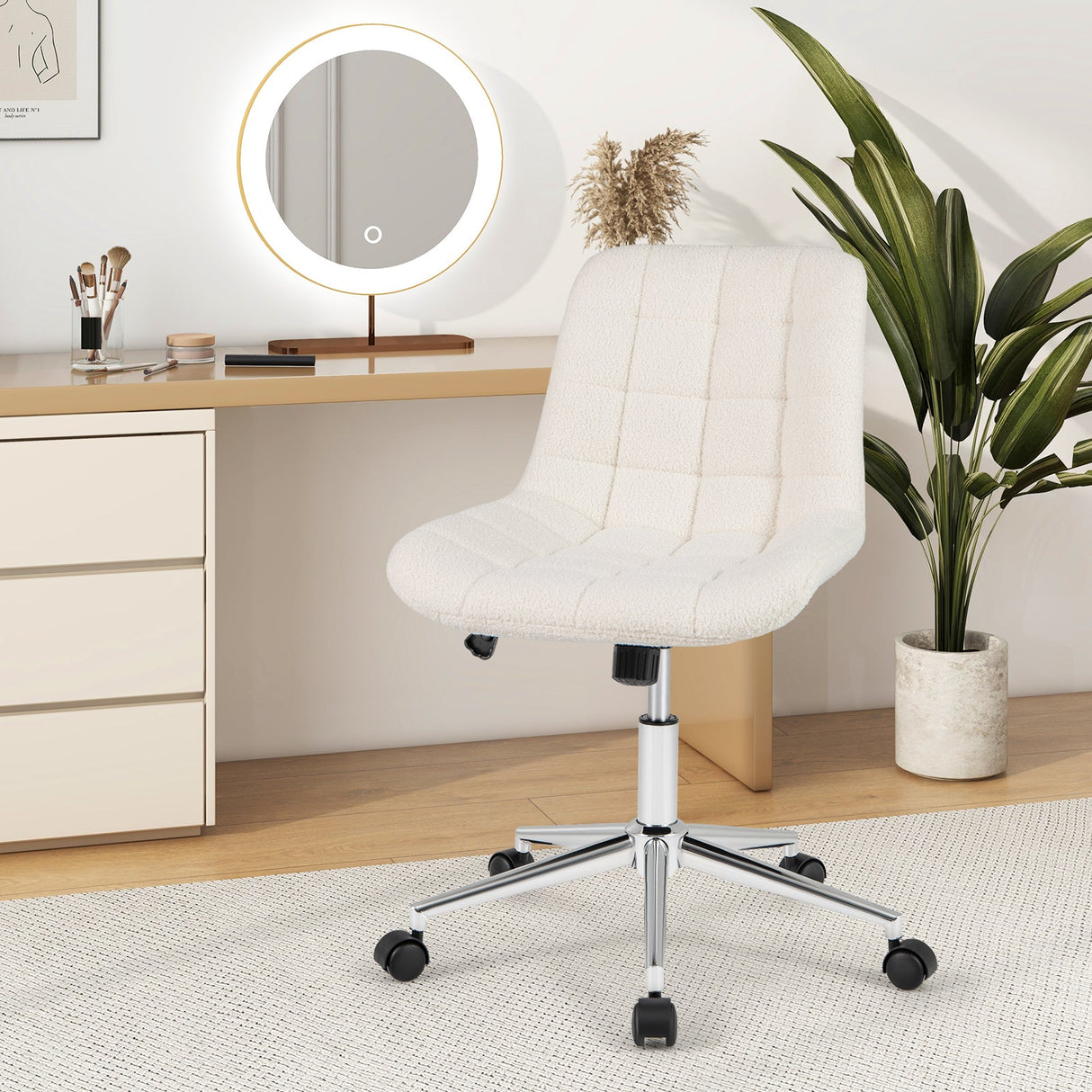 Sillón de oficina sin brazos Teddy Fleece, silla de tocador para maquillaje - Blanco
