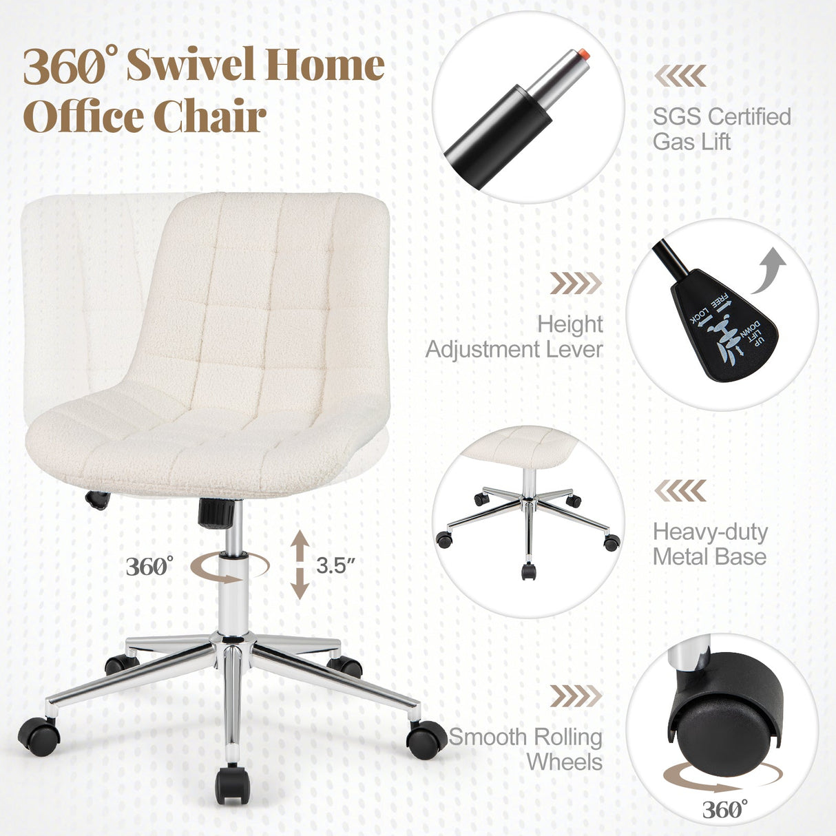 Sillón de oficina sin brazos Teddy Fleece, silla de tocador para maquillaje - Blanco