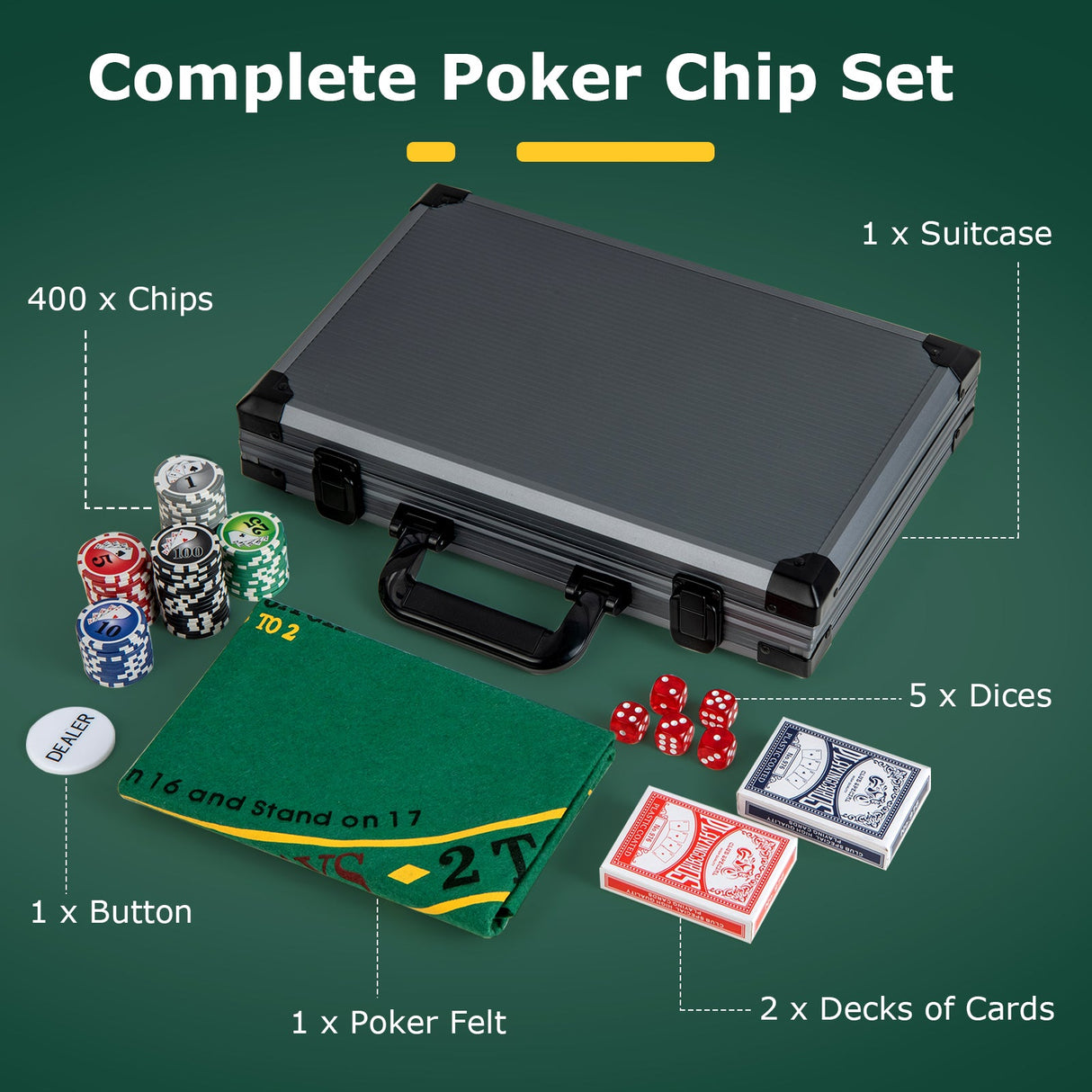 Juego de fichas de póquer Texas Hold'em Fichas de póquer de casino con 400 fichas - Negro