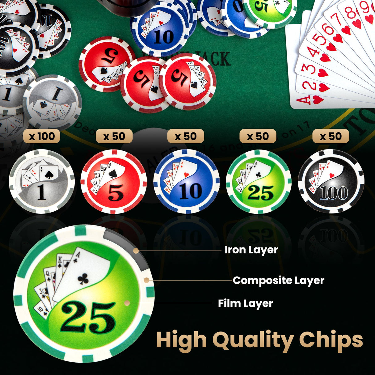 Juego de fichas de póquer Texas Hold'em con 300 fichas - Negro