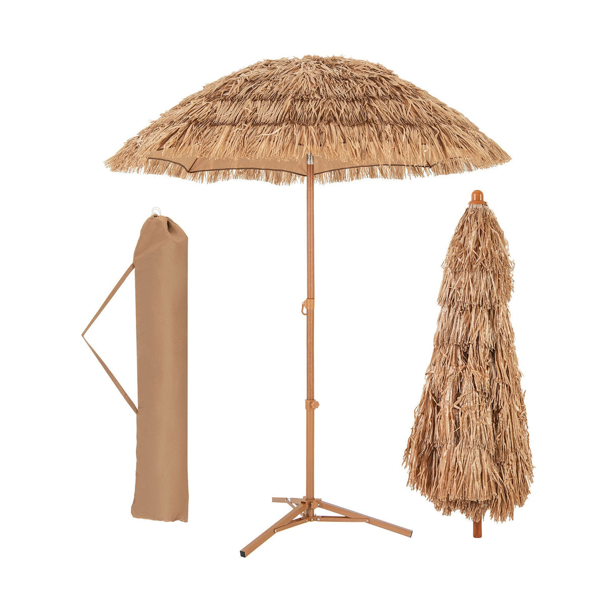 Sombrilla Tiki de paja de 6.5 pies con soporte plegable, botón de inclinación - Natural