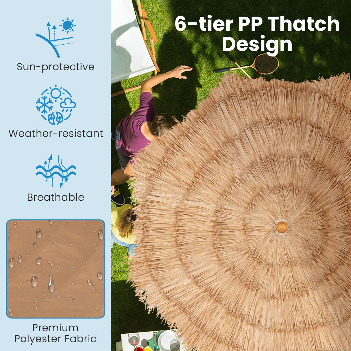 Sombrilla Tiki de paja de 6.5 pies con soporte plegable, botón de inclinación - Natural