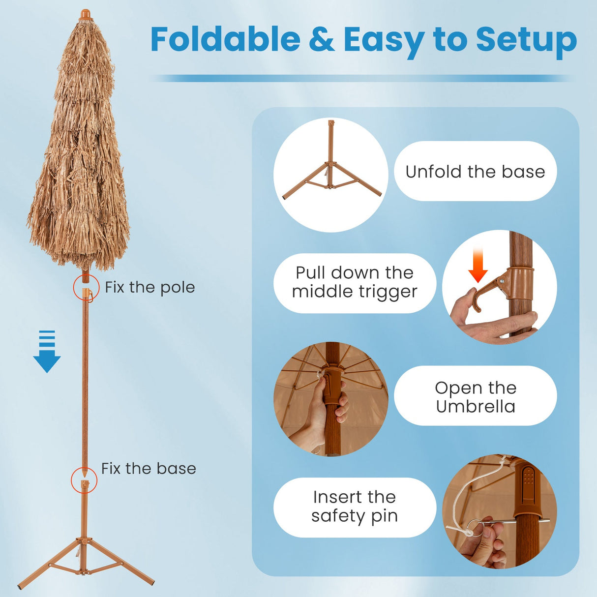 Sombrilla Tiki de paja de 6.5 pies con soporte plegable, botón de inclinación - Natural