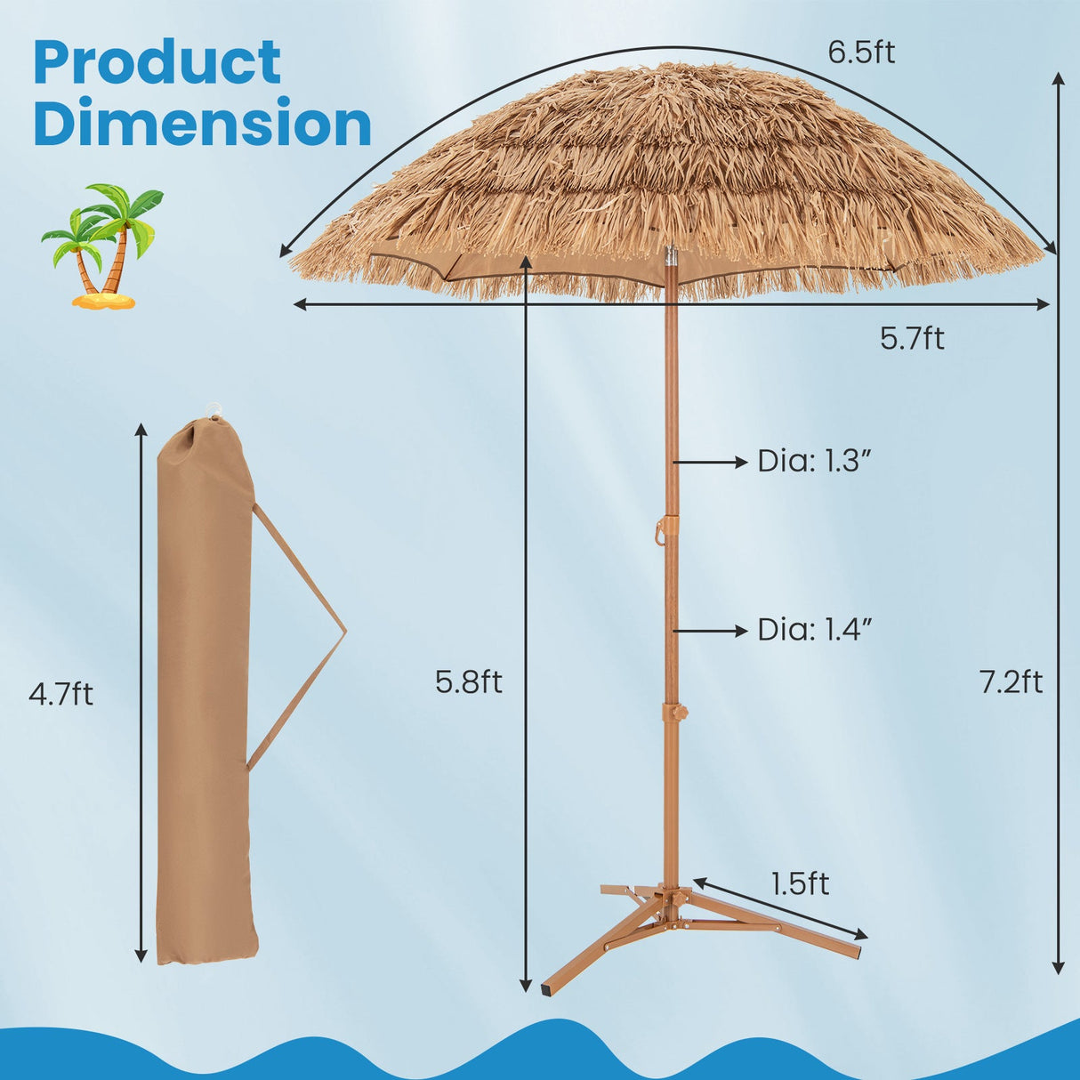 Sombrilla Tiki de paja de 6.5 pies con soporte plegable, botón de inclinación - Natural