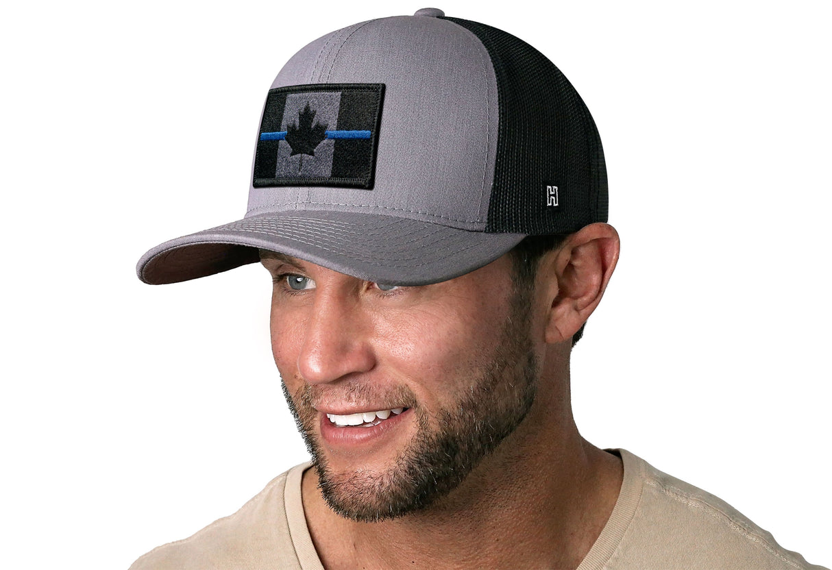 Thin Blue Line Trucker Hat | Gray-Black Canadian Maple Leaf Tactical Snapback