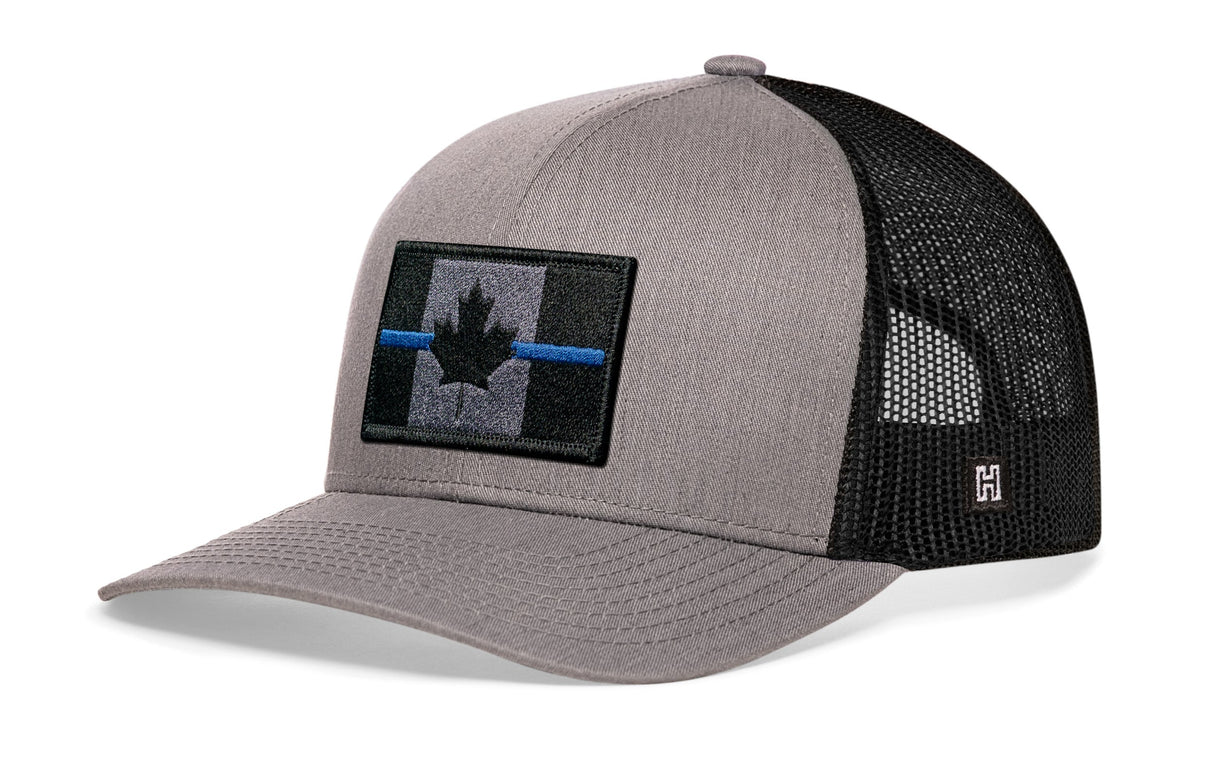 Thin Blue Line Trucker Hat | Gray-Black Canadian Maple Leaf Tactical Snapback