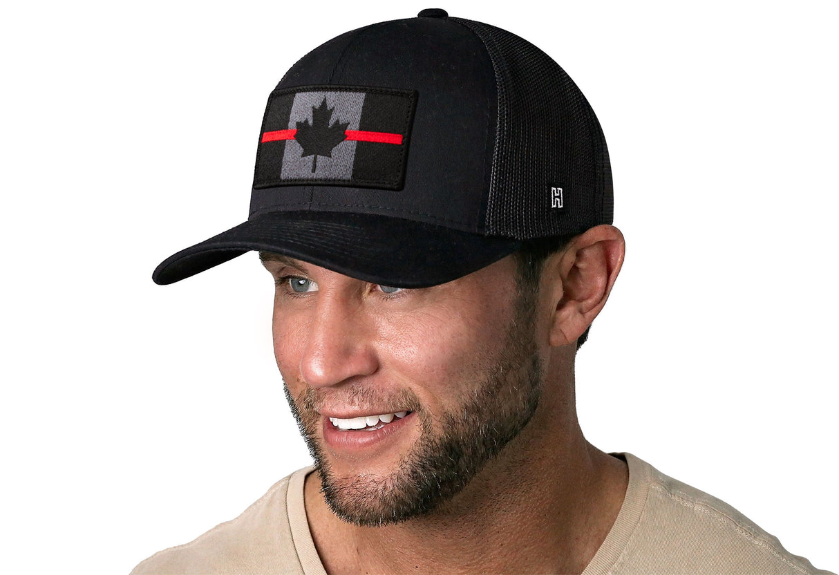 Thin Red Line Trucker Hat | Black Canadian Maple Leaf Tactical Snapback