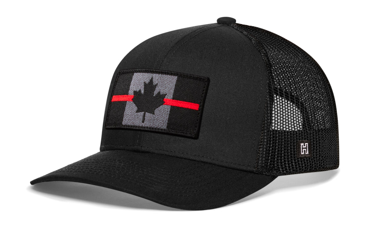 Thin Red Line Trucker Hat | Black Canadian Maple Leaf Tactical Snapback