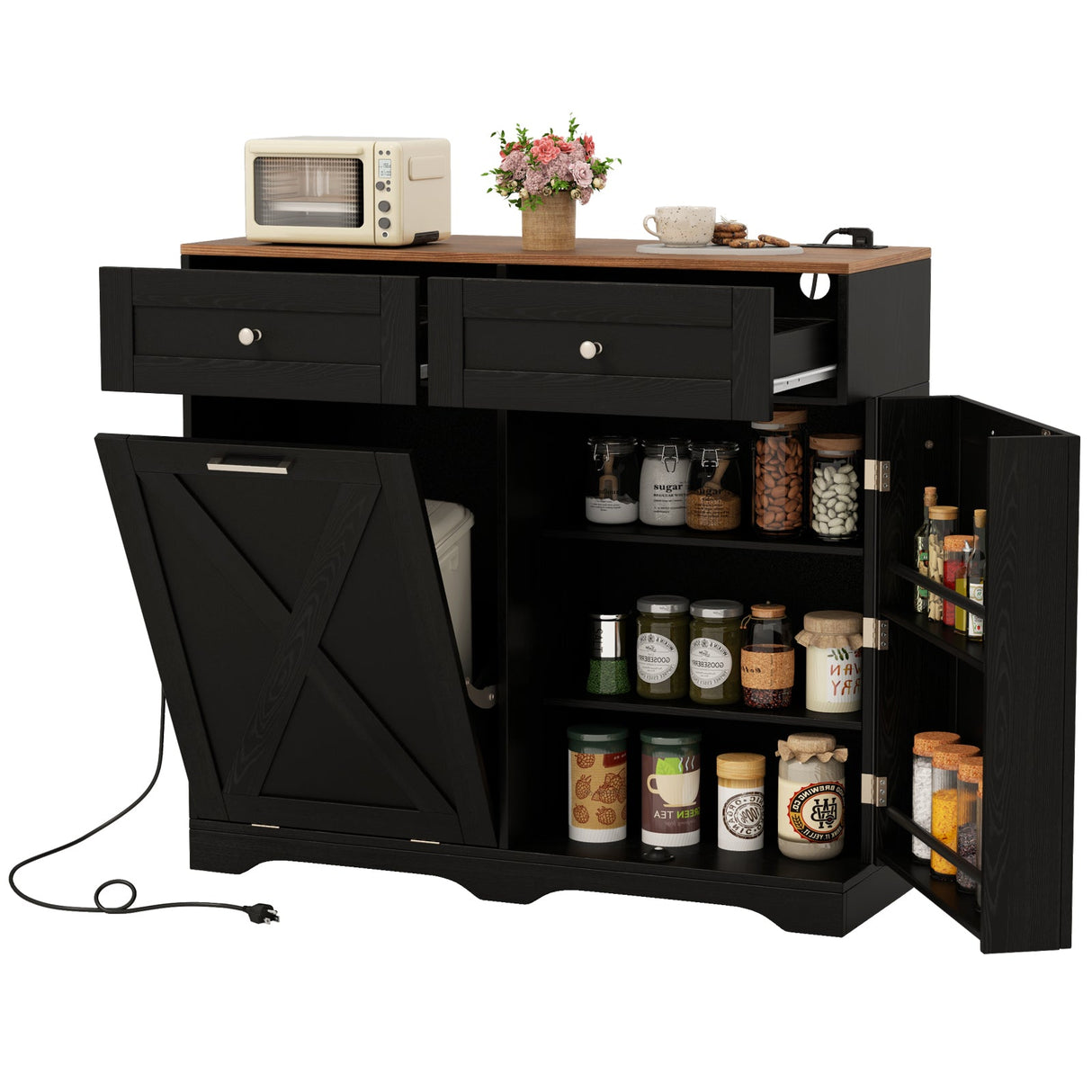 Cubo de basura basculante con enchufes y estante ajustable