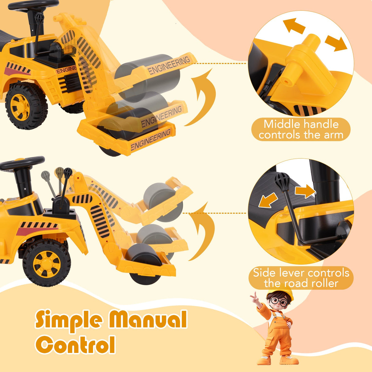 Coche montable para niños pequeños con rodillo ajustable y almacenamiento debajo del asiento - Amarillo