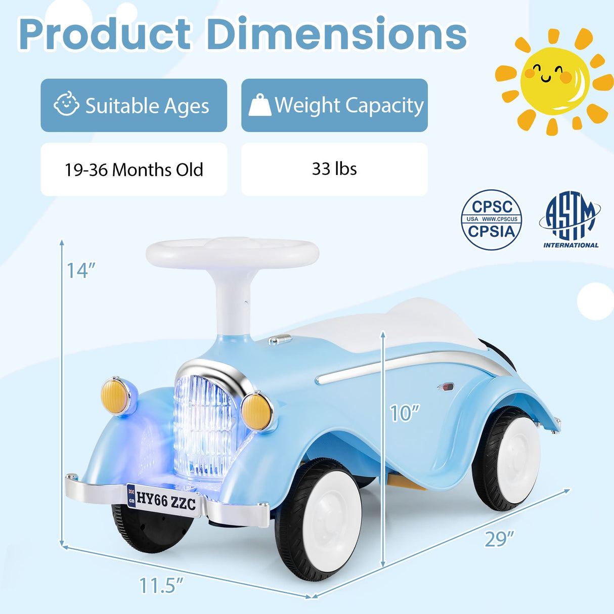 Coche clásico deslizante para niños pequeños con bocina y faro LED