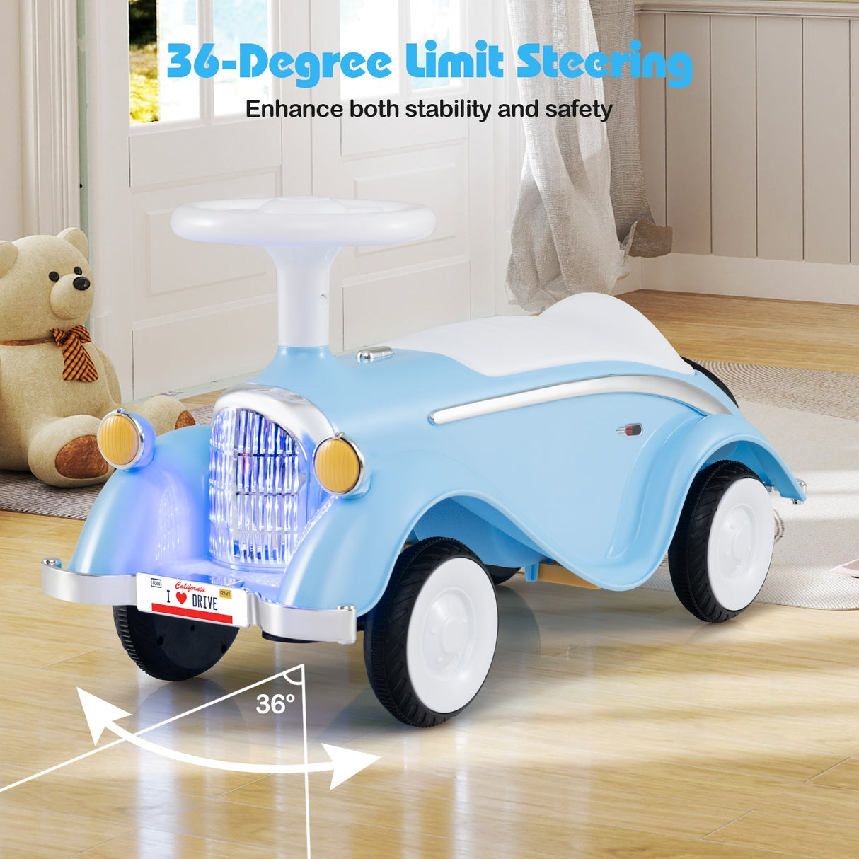 Coche clásico deslizante para niños pequeños con bocina y faro LED