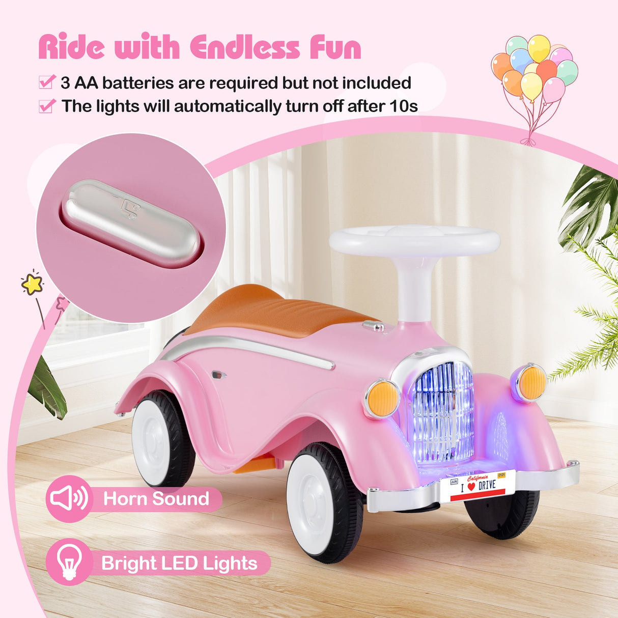 Coche clásico deslizante para niños pequeños con bocina y faro LED