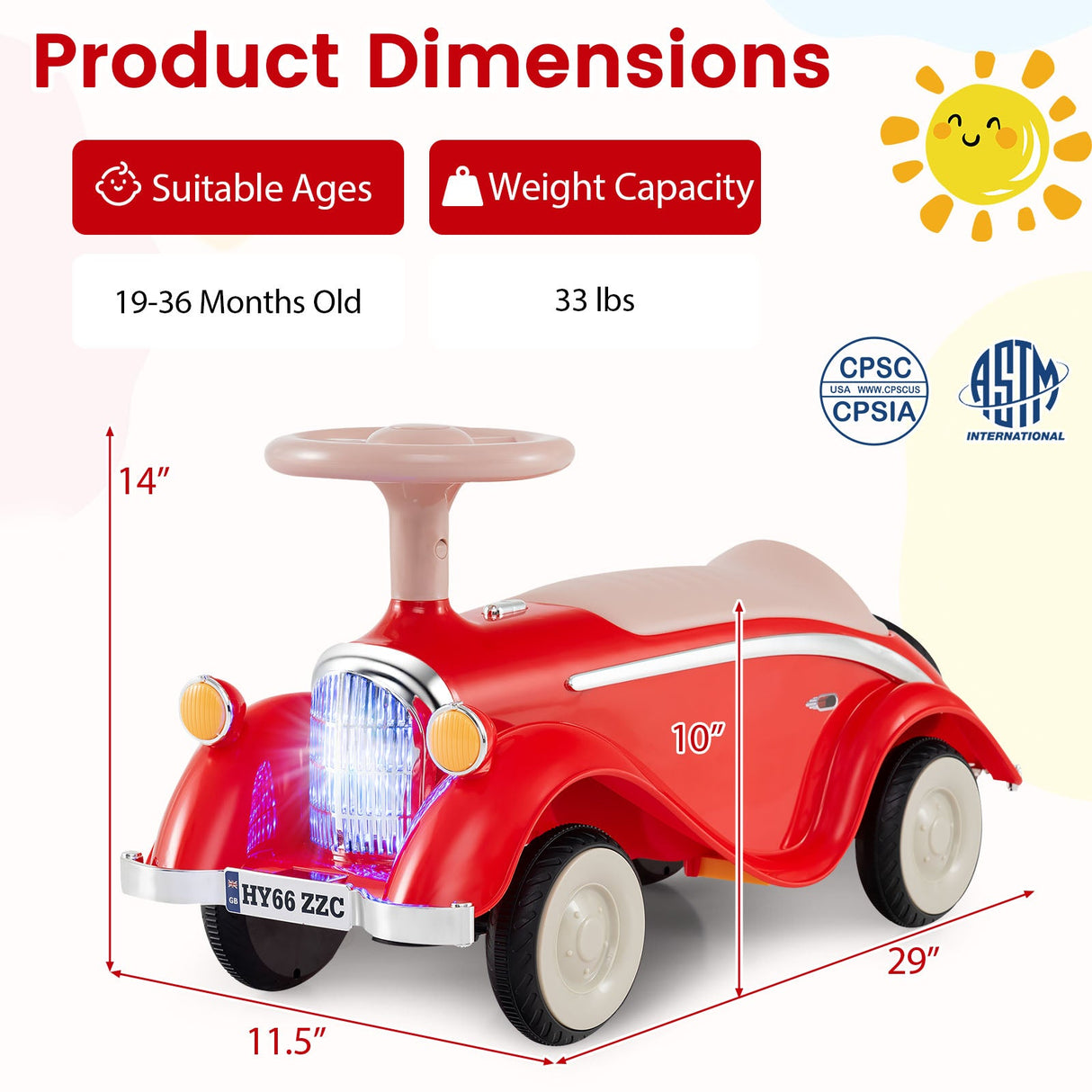 Coche clásico deslizante para niños pequeños con bocina y faro LED