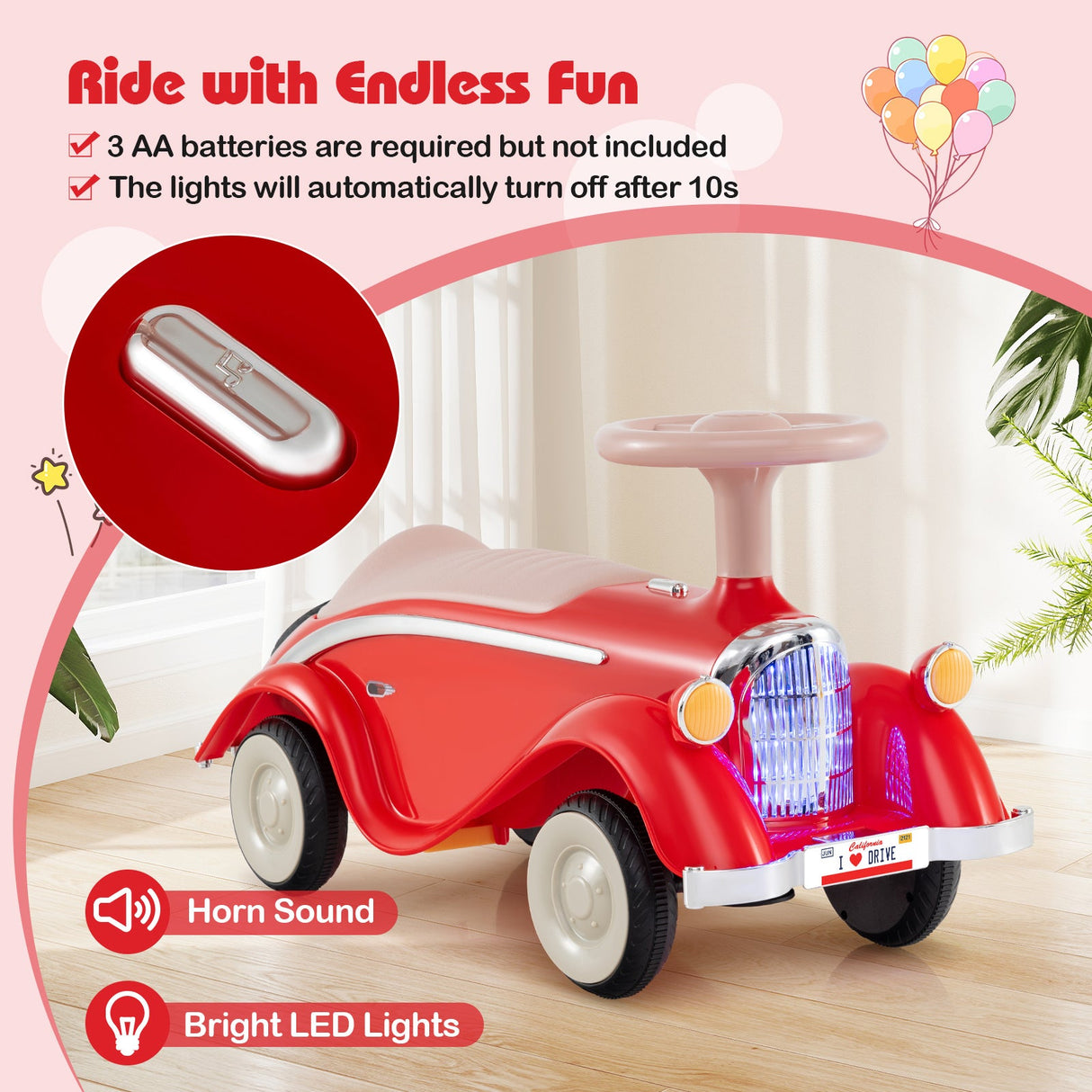 Coche clásico deslizante para niños pequeños con bocina y faro LED