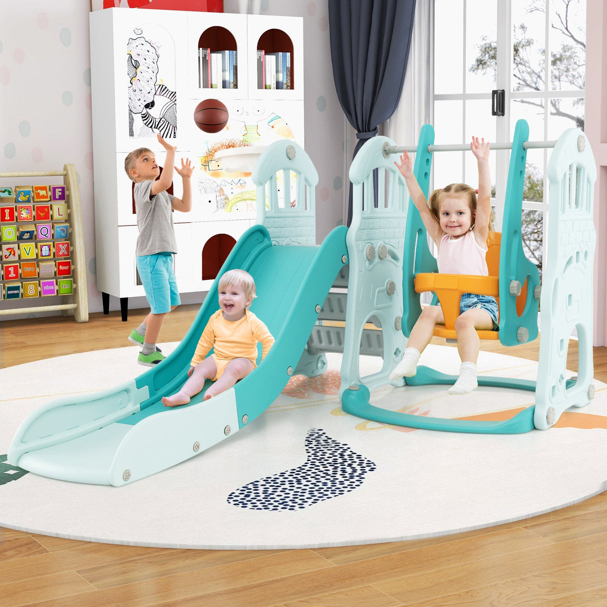 Toddler Slide and Swing Set with Extra-long Slide Height Adjustable Swing Basketball Hoop and Climber