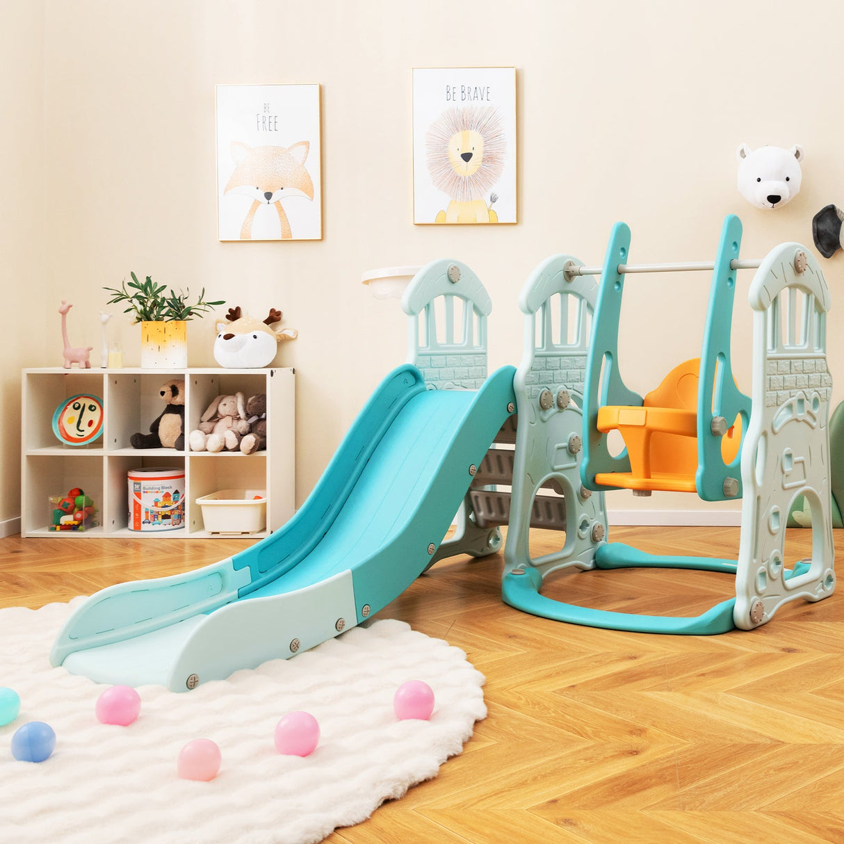 Toddler Slide and Swing Set with Extra-long Slide Height Adjustable Swing Basketball Hoop and Climber