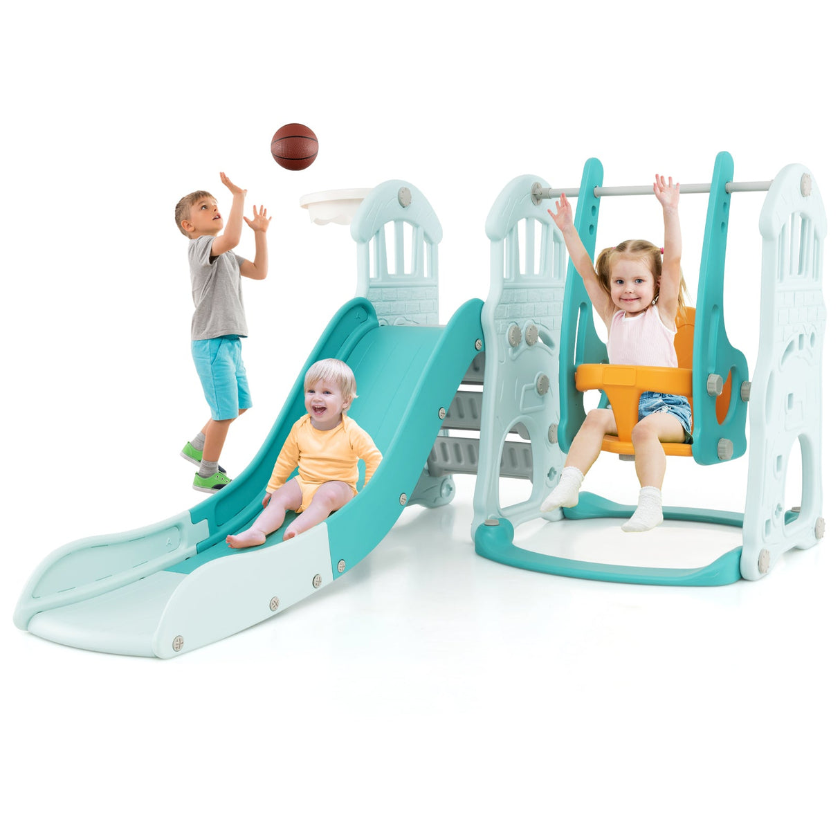 Toddler Slide and Swing Set with Extra-long Slide Height Adjustable Swing Basketball Hoop and Climber