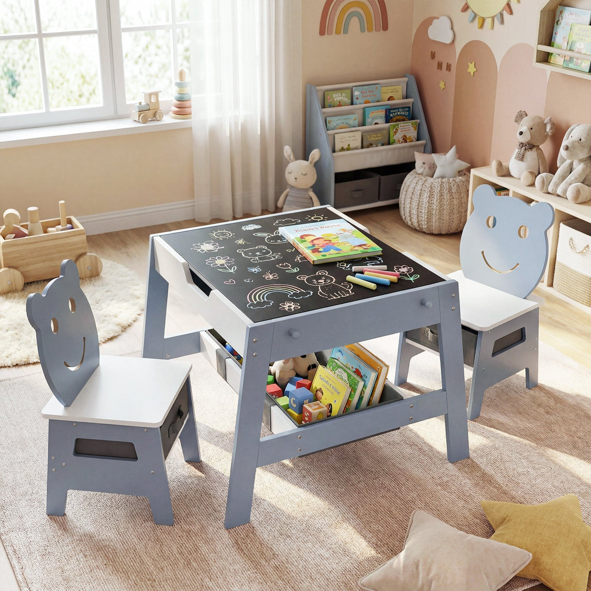 Mesa y 2 Sillas para Niños Pequeños, Set de Escritorio de Arte 5 en 1 con Pizarra y Pizarrón Reversibles