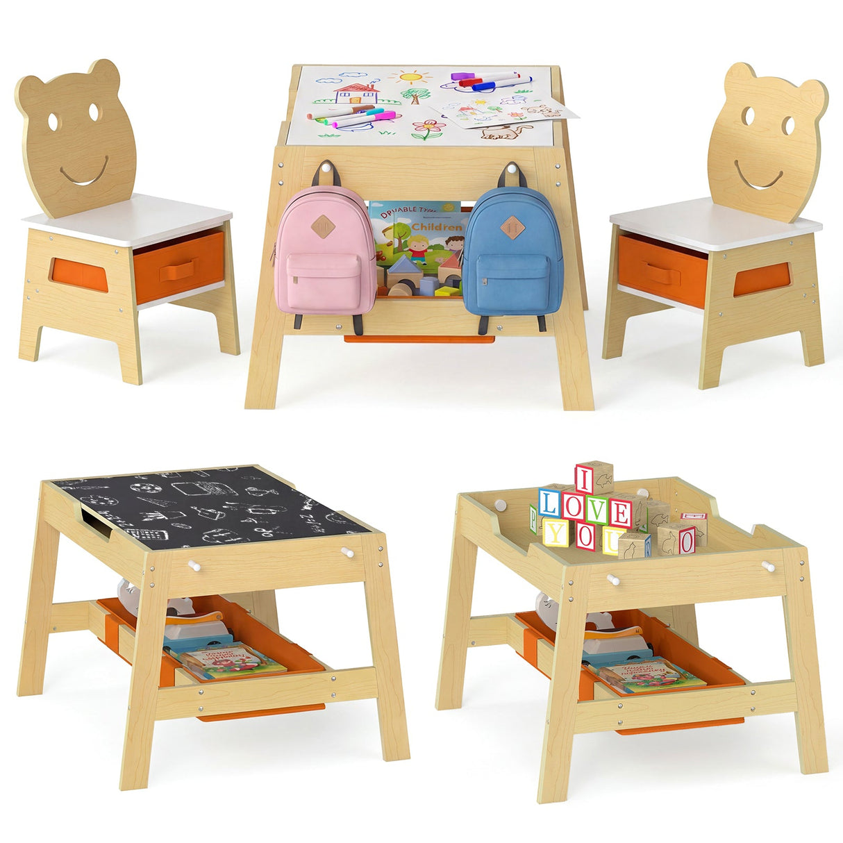 Mesa y 2 Sillas para Niños Pequeños, Set de Escritorio de Arte 5 en 1 con Pizarra y Pizarrón Reversibles