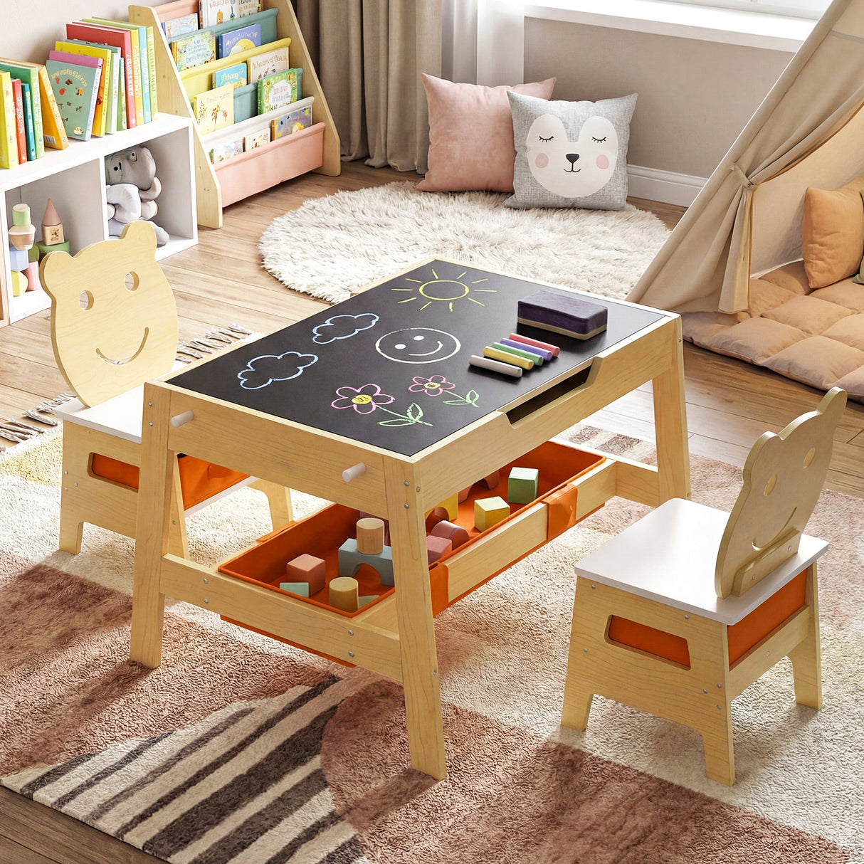 Mesa y 2 Sillas para Niños Pequeños, Set de Escritorio de Arte 5 en 1 con Pizarra y Pizarrón Reversibles