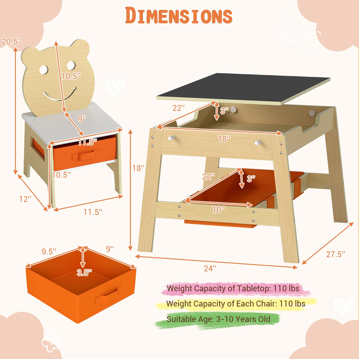 Mesa y 2 Sillas para Niños Pequeños, Set de Escritorio de Arte 5 en 1 con Pizarra y Pizarrón Reversibles