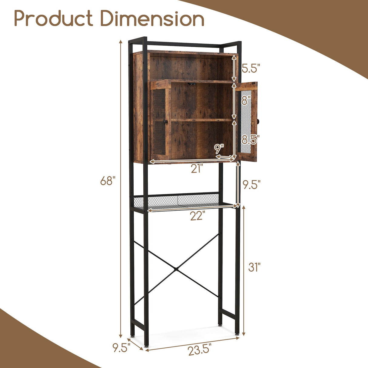 Gabinete de almacenamiento sobre el inodoro con estructura de metal resistente, de 2 puertas y de pie