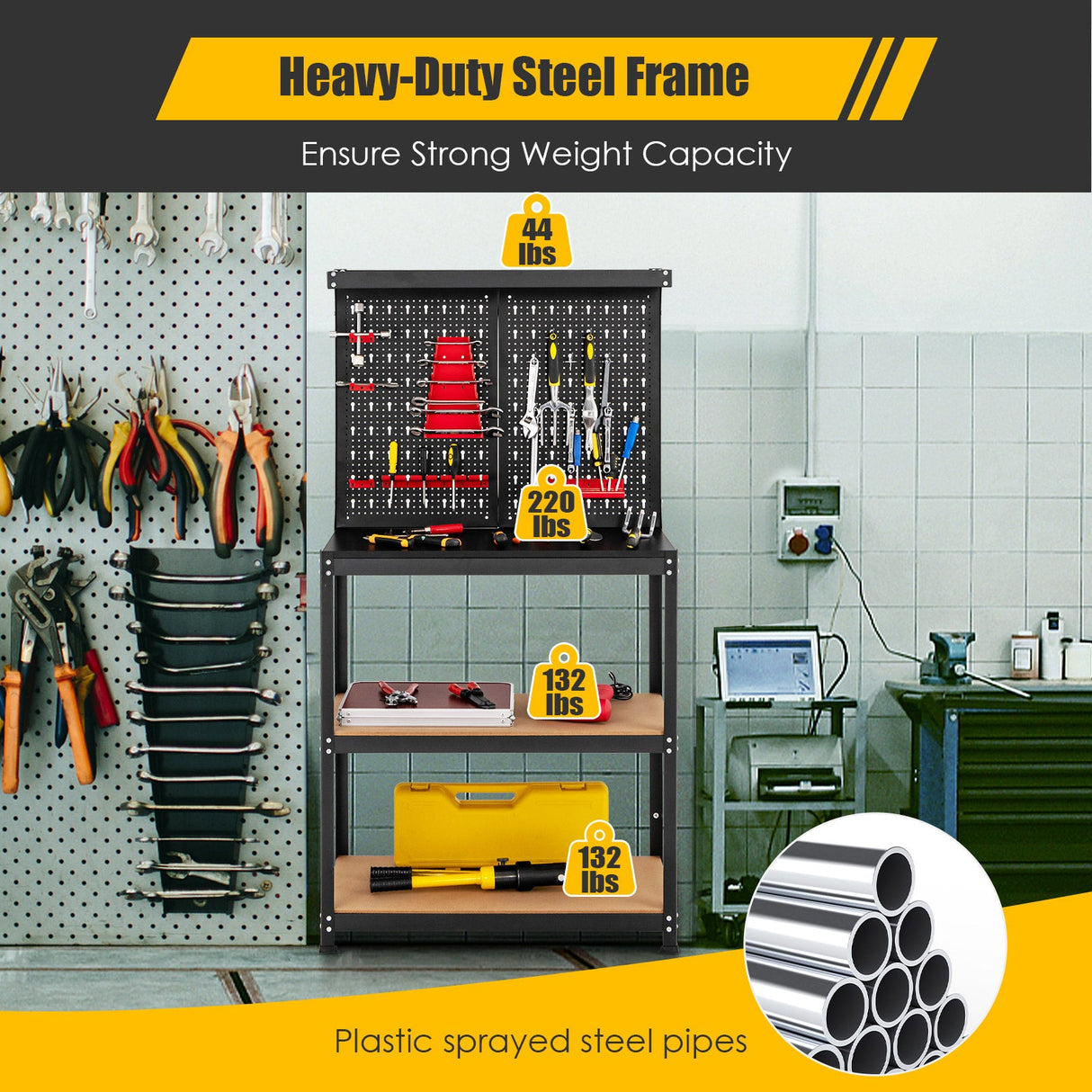 Banco de trabajo con almacenamiento de herramientas, tablero perforado, 2 estantes inferiores y 14 accesorios colgantes - Negro