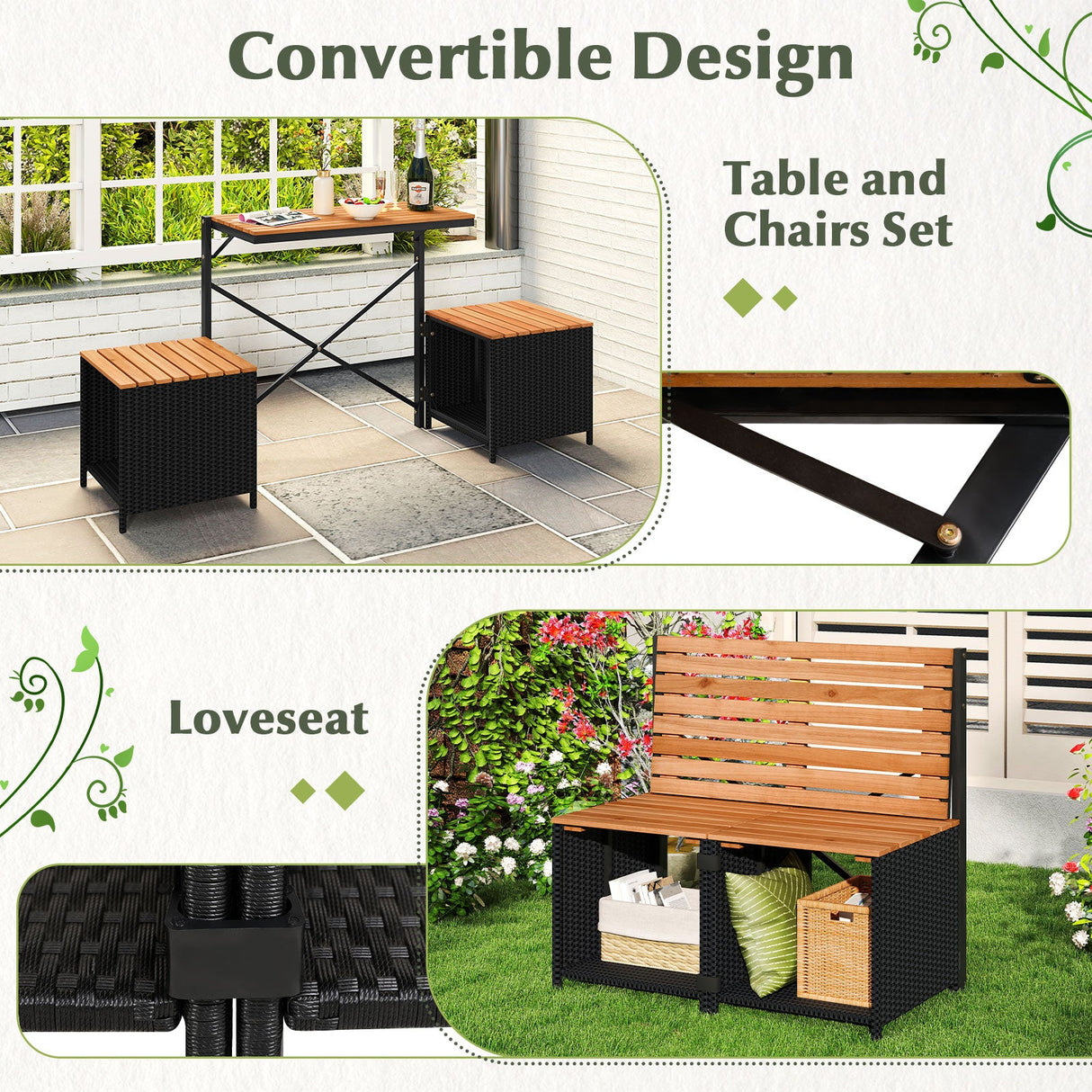 Juego de mesa y sillas de picnic 2 en 1 transformable con almacenamiento